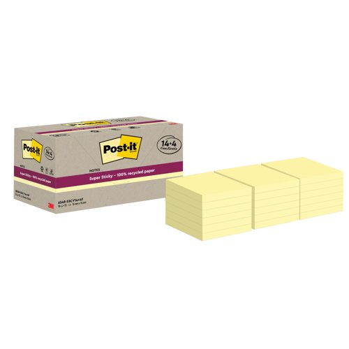 PostIt Super Sticky Recycle 76x76 C/Yllw Pack 18