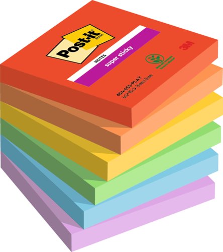 Post it Pack of 6 Super Sticky Notes Playful Colours 76x76mm 90 Sheets