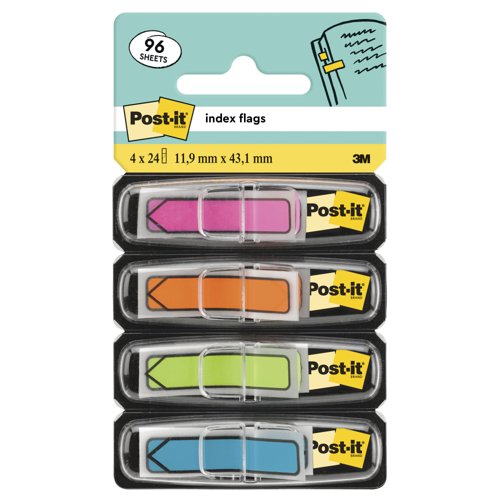 Post-it Index Arrow Flags, Blue, Orange, Pink and Green, 11.9 mm x 43.2 mm, 24 Flags/Dispenser, 4 Dispensers/Pack