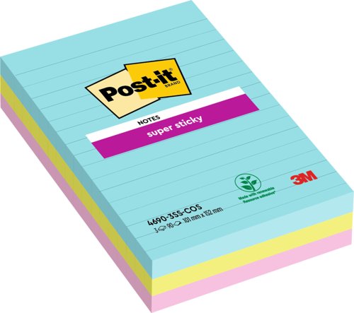 Post-It Pack of 3 Super Sticky Notes 101x152mm Ruled Cosmic Colours