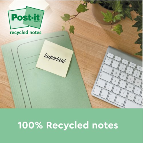 Post-it Super Sticky 100% Recycled Notes Canary Yellow 76 x 76 mm 70 sheets per pad (Pack 12) 7100284981
