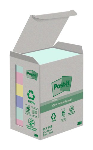 Post-it® Recycled Notes are made from 100% recycled paper.These self stick notes are PEFC RECYCLED certified – sourced from certified, renewable and responsibly managed forests. They come with a renewable resource adhesive, with 60% made from a plant that regrows annually.Coming in sweet pastel colours, these recycled self stick notes help you organise your work.The cabinet pack is easy to open and store in a desk or cupboard, so you can instantly get a pad when you need one.