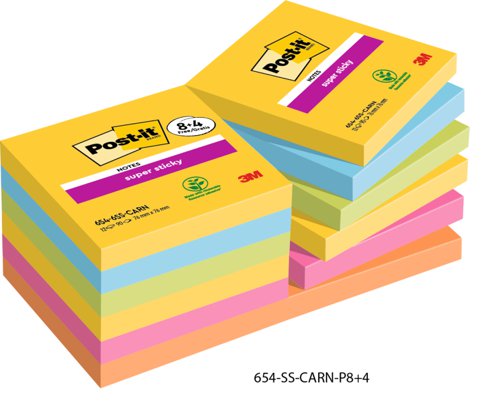 Post-it Super Sticky Notes Carnival Colour Collection 76 mm x 76 mm 90 Sheets per pad (Pack 8 + 4 FREE) 7100259227