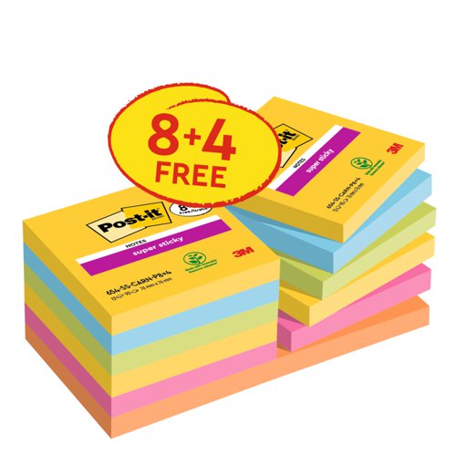 Post-it Super Sticky Notes Carnival Colour Collection 76 mm x 76 mm 90 Sheets per pad (Pack 8 + 4 FREE) 7100259227