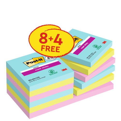 Post-it Super Sticky Notes Cosmic Colour Collection 76 mm x 76 mm 90 Sheets Per Pad (Pack 8 + 4 FREE) 7100259229