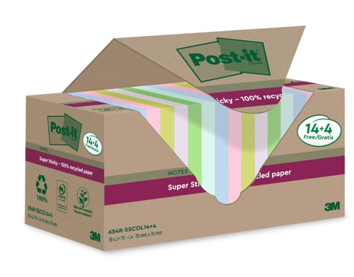 Post-it Super Sticky 100% Recycled Notes Assorted Colours 76 x 76 mm 70 Sheets Per Pad (Pack 18 14+4 Free) 7100284782