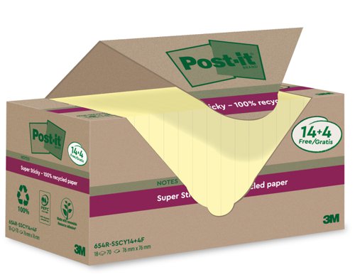 Post-it Super Sticky 100% Recycled Notes  Canary Yellow 76 x 76 mm 70 Sheets Per Pad (Pack 18 14+4 Free) 7100284878
