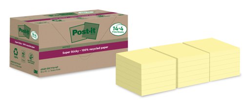 PostIt Super Sticky Recycle 76x76 C/Yllw Pack 18