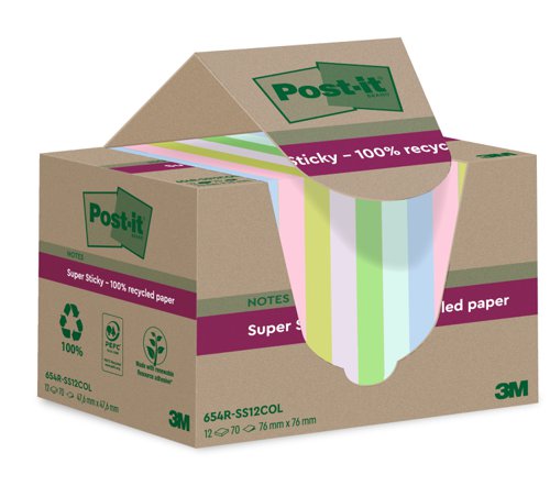 Post-it Super Sticky 100% Recycled Notes Assorted Colours 76 x 76 mm 70 Sheets Per Pad (Pack 12) 7100284781
