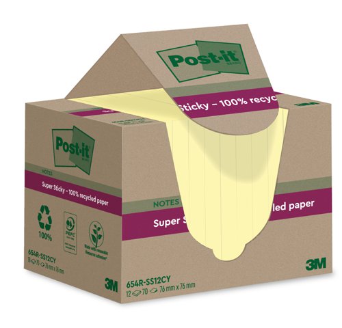 Post-it Super Sticky Recycled 76x76mm Yellow Pack of 12 654 RSS12CY