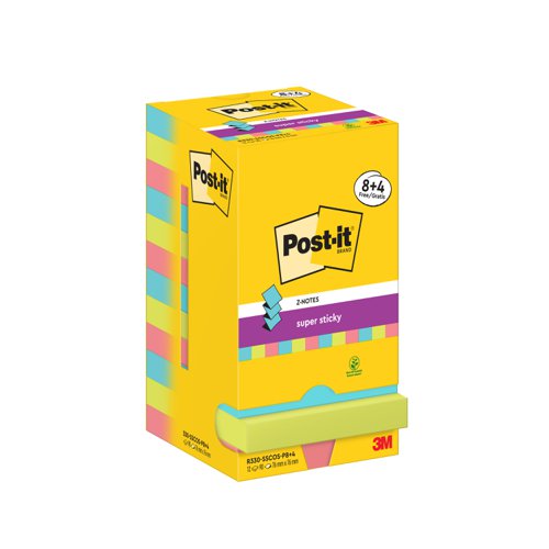 Post-it Super Sticky Z-Notes 76x76mm 90 Sheets Cosmic 8+4 FREE (Pack of 12) R330-SSCOS-P8+4