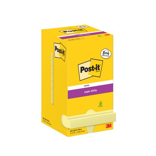 Post-it Super Sticky 76x76mm 90 Sheets Canary Yellow (Pack of 12) 654-SSCY-P8+4 - 3M - 3M07264 - McArdle Computer and Office Supplies