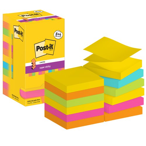 Post-it Super Sticky Z-Notes 76x76 90 Sheets Carnival 8 + 4 FREE (Pack of 12) R330-SSCARN-P8+4 - 3M06559