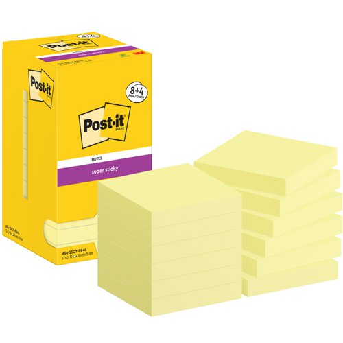 Post-it Super Sticky 76x76mm 90 Sheets Canary Yellow (Pack of 12) 654-SSCY-P8+4