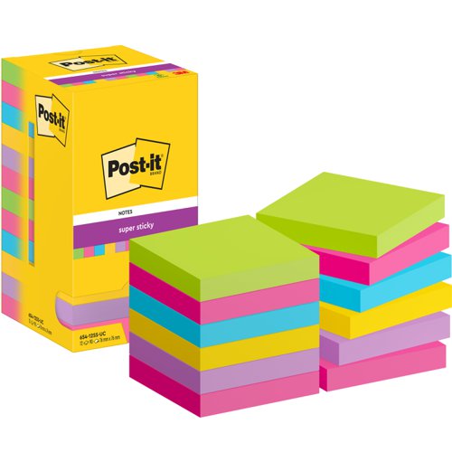 Post-it Super Sticky Removable Notes Pad 90 Sheets 76x76mm Ultra Assorted Ref 654-12SS-UC [Pack 12]