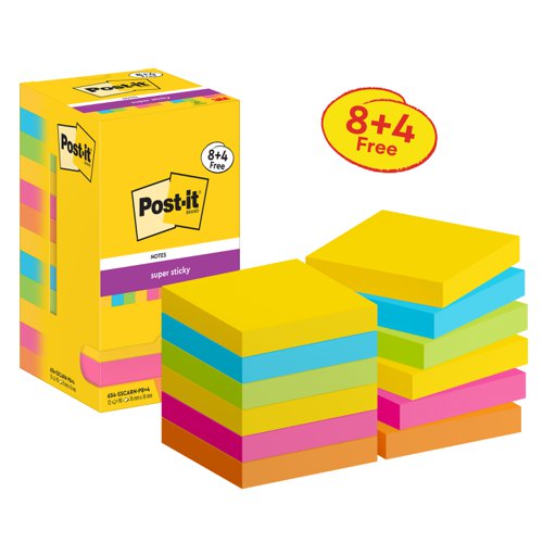 Post-it Super Sticky Notes Carnival Colour Collection 76 mm x 76 mm 90 Sheets per pad (Pack 8 + 4 FREE) 7100290187