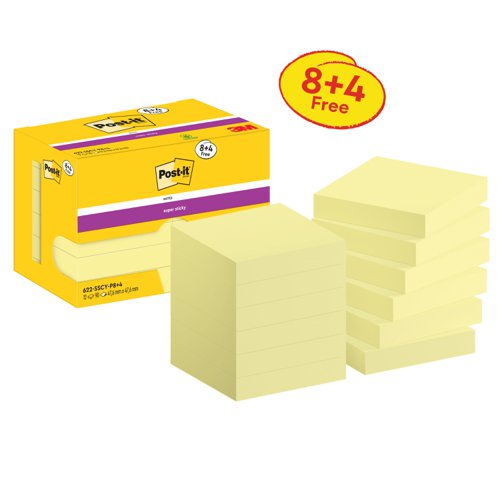 Post-it® Super Sticky Notes, Canary Yellow, 47.6 mm x 47.6 mm, Promo Pack, 90 Sheets/Pad, 8 + 4 FREE Pads/Pack, Cardboard Pack, 100% PEFC SGSCH-PEFC-C