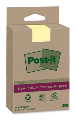 3M Post-it Super Sticky 100% Recycled Notes 102x152mm Canary Yellow (Pack 4) 4645-RSSCY4