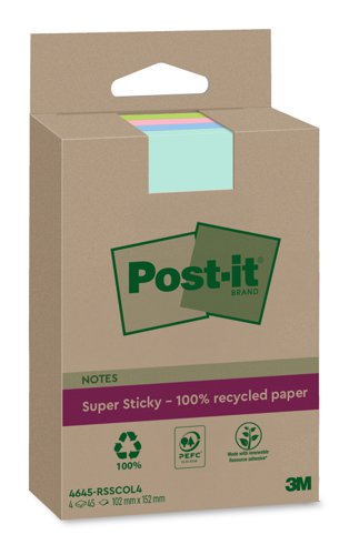 3M Post-it Super Sticky 100% Recycled Notes 102x152mm Assorted Colours (Pack 4) 4645-RSSCOL4