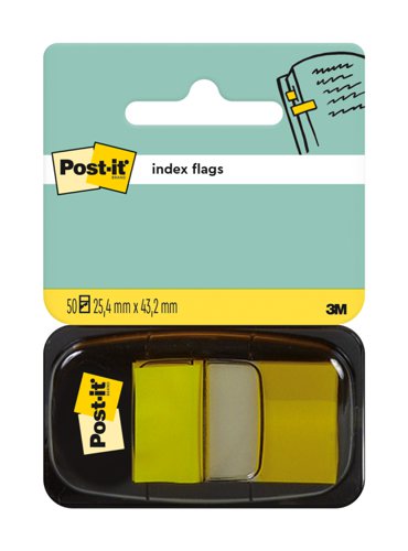 Post-it® Index Flags, Medium, Yellow, 25.4 mm x 43.2 mm, 50 Flags/Dispenser, 1 Dispenser/Pack