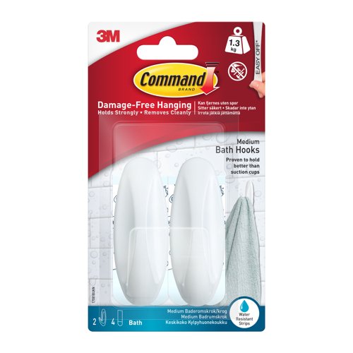 3M Command Medium Bath Oval Hooks With Command Adhesive Strips White (Pack 2) - 7100119054