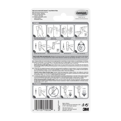 57154MM | Command™ Jumbo Hook is our innovative solution for hanging heavier items like wet coats, schoolbags, even stepladders and ironing boards, securely and damage free. It holds strongly and removes cleanly using 3M stretch-release technology. Hang heavier items like wet coats, schoolbags, clothes horses, and even stepladders easily with the Command™ Jumbo Hook. It’s a great way to de clutter your hallway utility room and garage. This jumbo sized heavy duty hook is easy to apply and removes cleanly. It won’t damage plaster or leave holes sticky residues or stains behind making it ideal for rented accommodation. It has a sturdy robust weight capacity of 3.4 kg and holds strongly to a variety of surfaces including solid hollow and painted walls. And with Command™ Refill Strips you can reuse it for other jobs around the home or office. Each package contains one hook and two large adhesive strips.