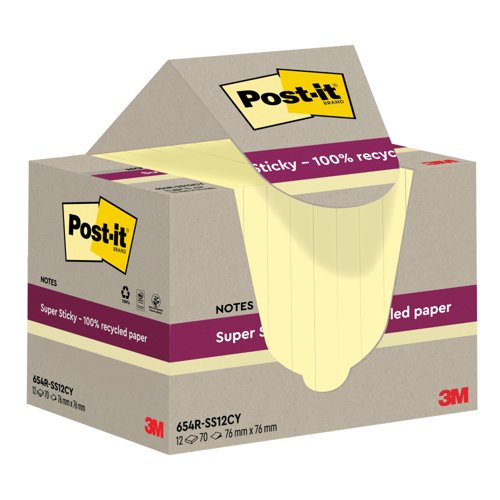 PostIt Super Sticky Recycle 76x76 C/Yllw Pack 12