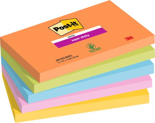 Post it Pack of 5 Super Sticky Notes Boost Colours 76x127mm 90 Sheets