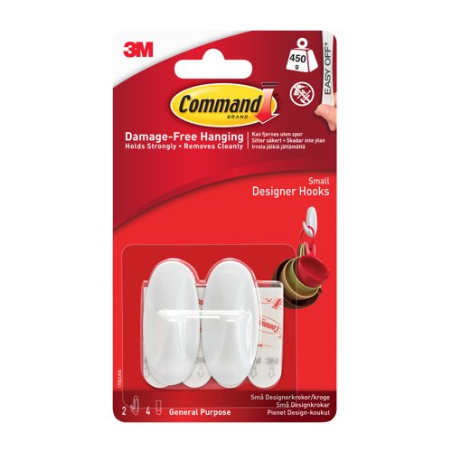 57077MM | Command™ Small Designer Hooks are our innovative solution for hanging tea towels and other light-weight household items securely and damage free. They hold strongly and remove cleanly using 3M stretch-release technology. For effective damage free hanging indoors use Command™ Designer Small Hooks. These classic design hooks hold strongly to a variety of surfaces including solid, hollow, and painted walls, as well as other materials including wood, tile, metal, and glass. They’re easy to apply and remove leaving no holes marks or sticky residue. Command™ hooks blend in seamlessly making them suitable for any room in the house or office. Rehanging them is as easy as applying a Command™ Refill Strip so you can take down move and reuse them again and again.