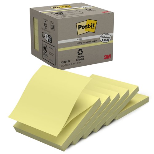 Post-it Recycled Z-Notes 76x76mm 100 Sheets Per Pad PEFC Canary Yellow (Pack 6)  - 7100172253