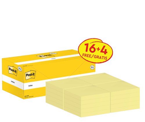 Post-it Notes Value Pack 76x76mm 100 Sheets Canary Yellow (Pack 20) 654CY-VP20 - 7100199991