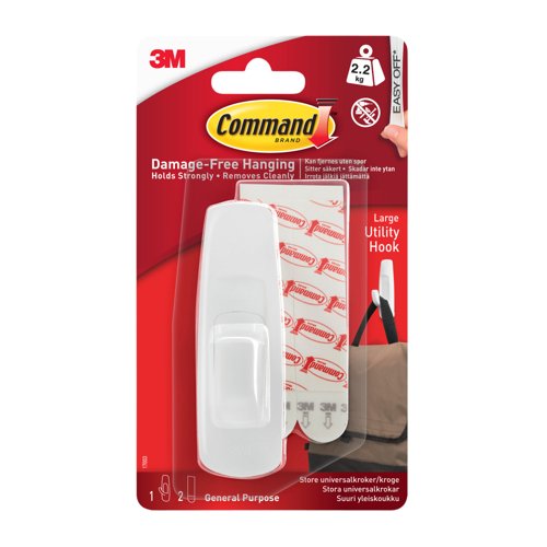 3M Command Large Utility Hook  Pack of 1 Hook & 2 Adhesive Strips  White  Holds up to 2.2kg