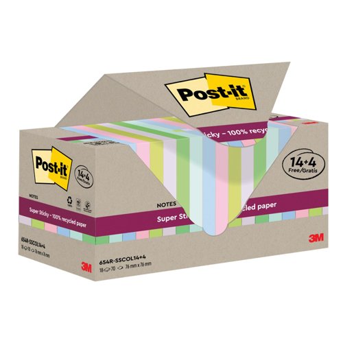 PostIt Super Sticky Recycle 76x76 Assorted Pack 18