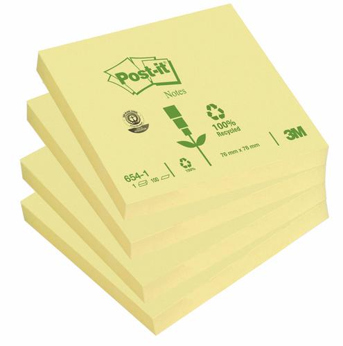 Post-it Notes Recycled 76x76mm 100 Sheets Canary Yellow (Pack 12) 7100172758  | County Office Supplies