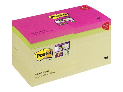 Post-it Super Sticky 76x76 90 Sheets Yellow Ref 654SS-P14CY [Pack 14 + 4 Colour Pads] 