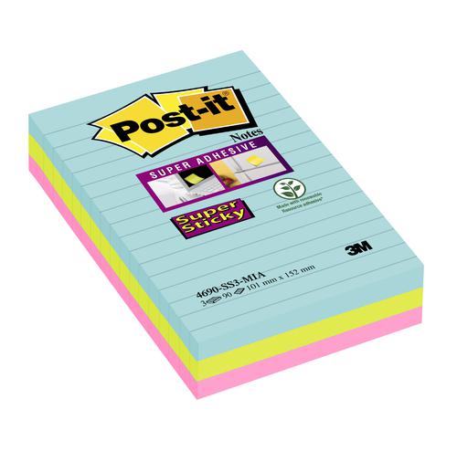 Post-It Super Sticky Notes Miami Ruled 90 Sheets 101x152mm Aqua Neon Green Pink Ref 4690-SS3MIA [Pack 3]