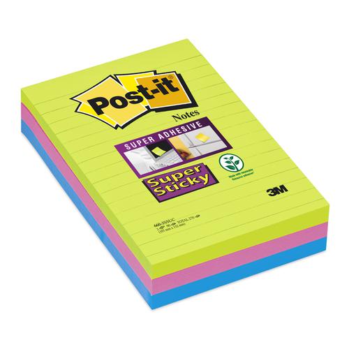 Post-it Super Sticky Notes 102x152mm Ruled 90 Sheets Ultra Colours (Pack 3) 660-3SSUC - 7100235020