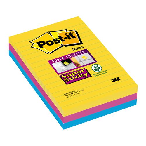 Post-it Super Sticky XXL Notes 101x152mm Ruled 90 Sheets Rio Colours (Pack 3) 7100064856