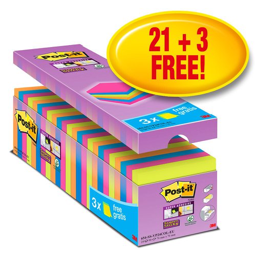 Post-It Super Sticky Notes Neon Colours Value Cabinet Pack 76x76mm 654-SS-VP24COL [24 for price of 21]