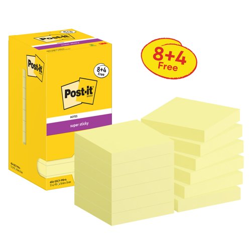 Post-it Pack of 8 Super Sticky Notes 76x76mm Canary 90 Sheets (+ 4 Free)