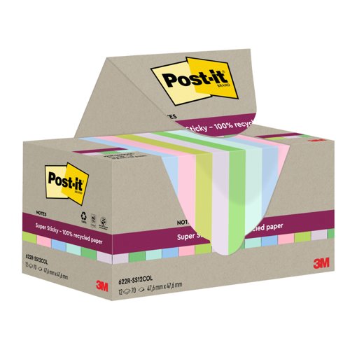 PostIt Super Sticky Recycle 47.6x47.6 Ast Pack 12