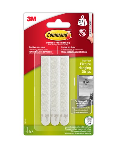 3M Command Narrow Picture Hanging Strips White (Pack 3) - 7100206626