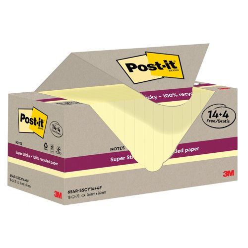 PostIt Super Sticky Recycle 76x76 C/Yllw Pack 18