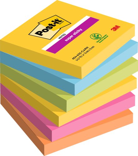 Post-it Pack of 6 Super Sticky Notes 76x76mm 90 Sheets Carnival Colours