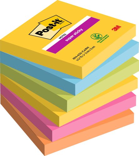 Post-it Super Sticky Notes 76x76mm 90 Sheets Carnival Colours (Pack 6) 7100147841