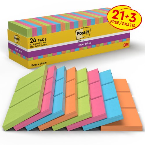 Post-it Notes Super Sticky 76x76mm 90 Sheets Assorted Colours (Pack 24) 654-SS-VP24COL-EU - 7100234515