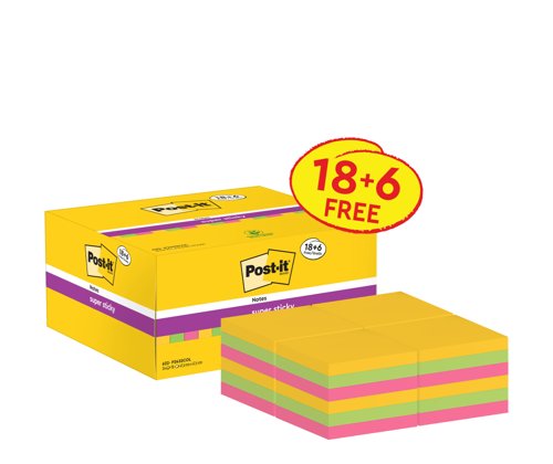 Postit Super Sticky Notes 47.6x47.6mm Assorted Pack 24