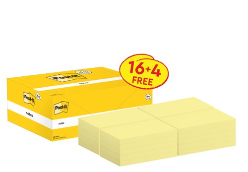 Post-it Pack of 20 Notes Value Pack 76x127mm 100 Sheets Canary Yellow