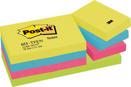 Post-it Notes 38x51mm 100 Sheets Energetic Colours (Pack 12) 653-TFEN - 7100172312