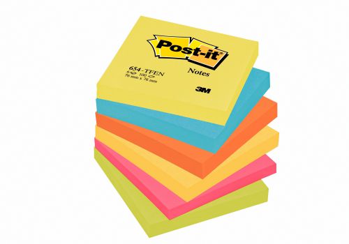 Post-it Colour Notes Pad of 100 Sheets 76x76mm Energetic Palette Rainbow Colours Ref 654TFEN [Pack 6]